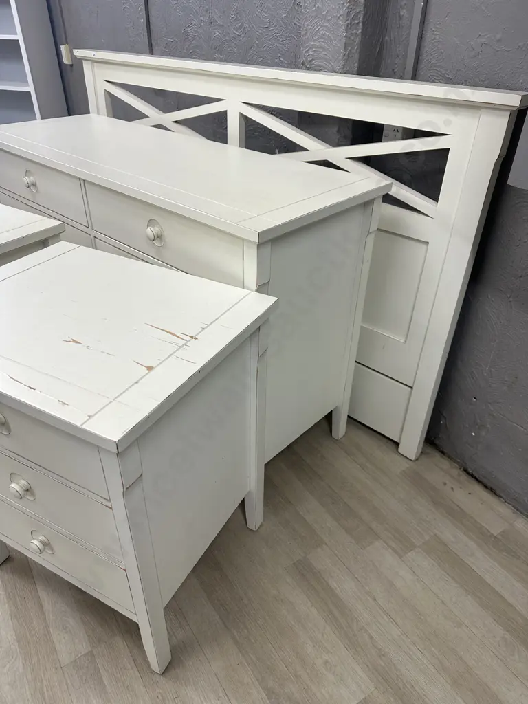 Cream Semi Distressed Effect Bedroom Suite, 8 Drawer Lowboy, Pair of 3 Drawer Bedsides And 111 x 180cm Headboard Image 1++